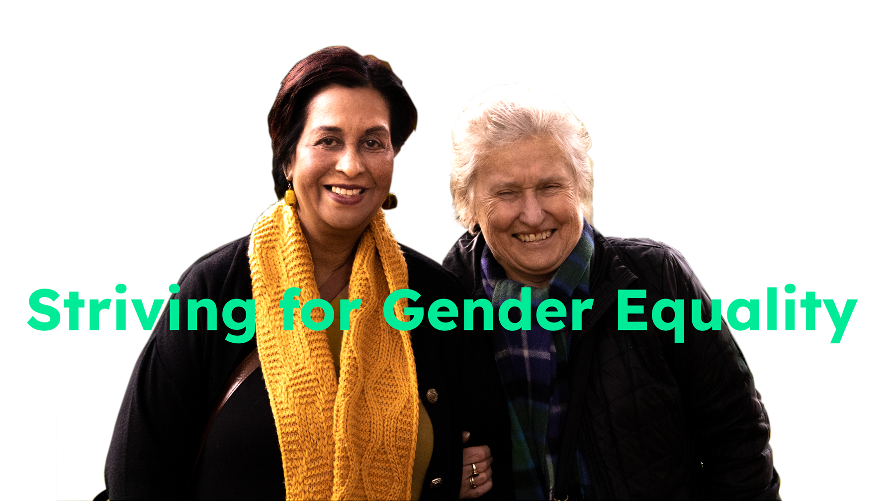 Photo of two women and text Striving for Gender Equality